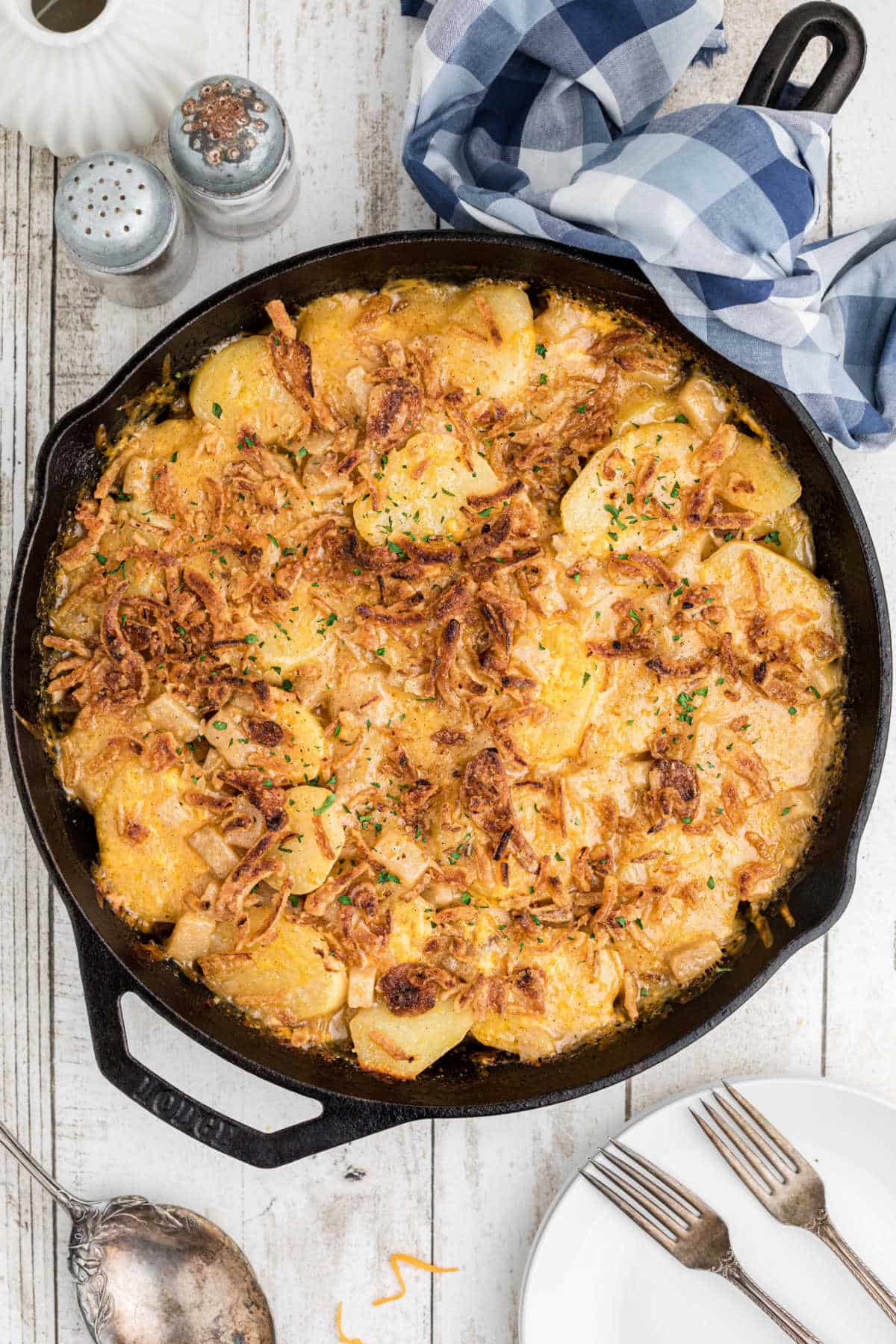 Hobo casserole in a cast iron skillet.