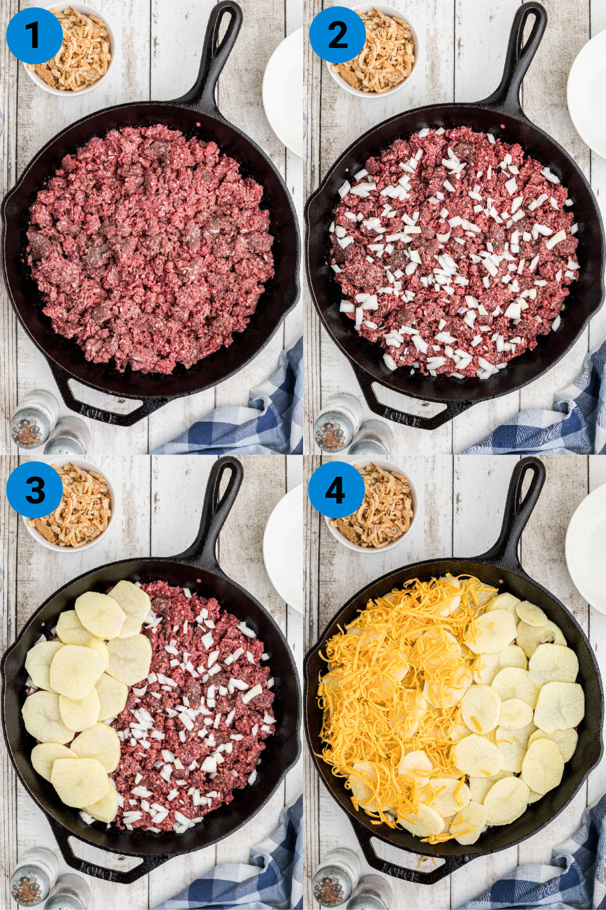 Collage of four images showing how to make a hobo casserole. Steps 1 through 4.