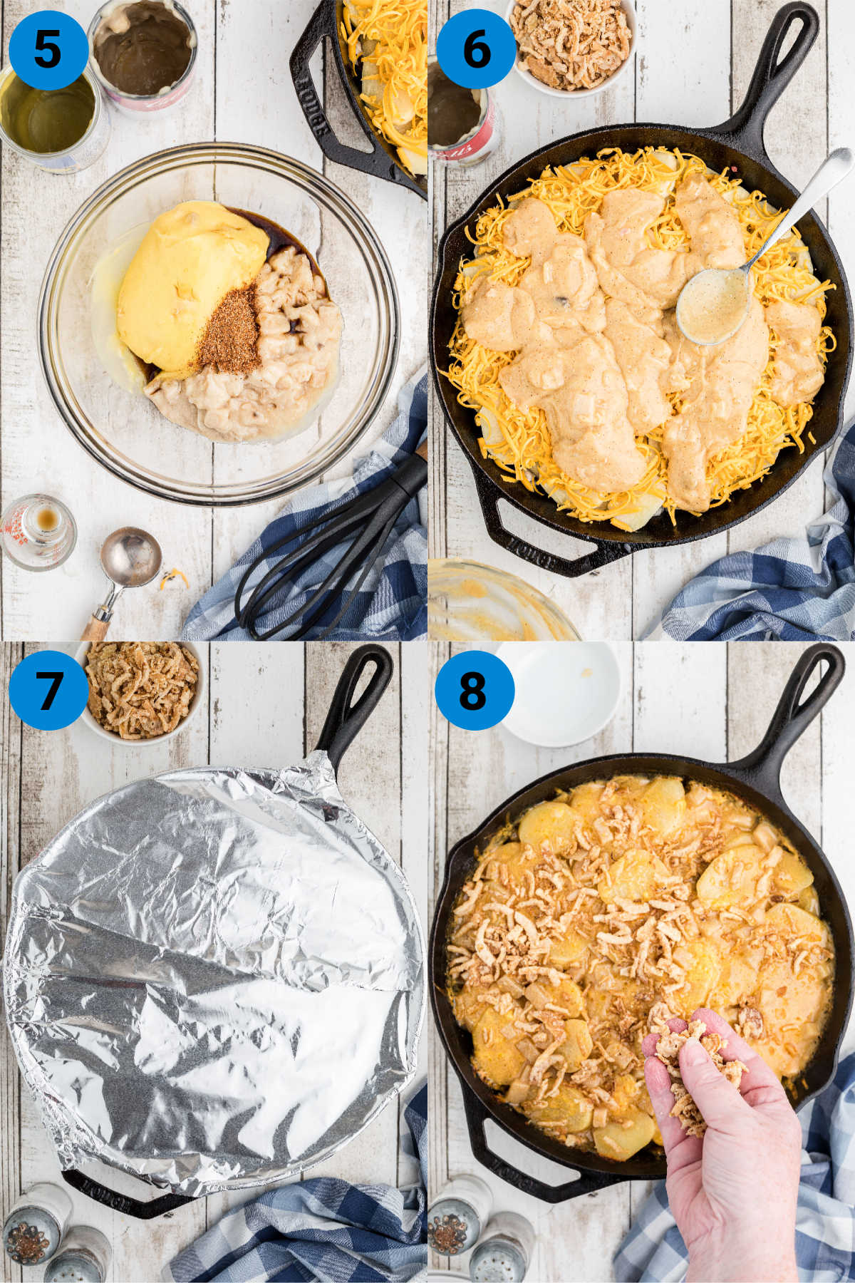 Collage of four images showing how to make a hobo casserole, steps 5 through 8