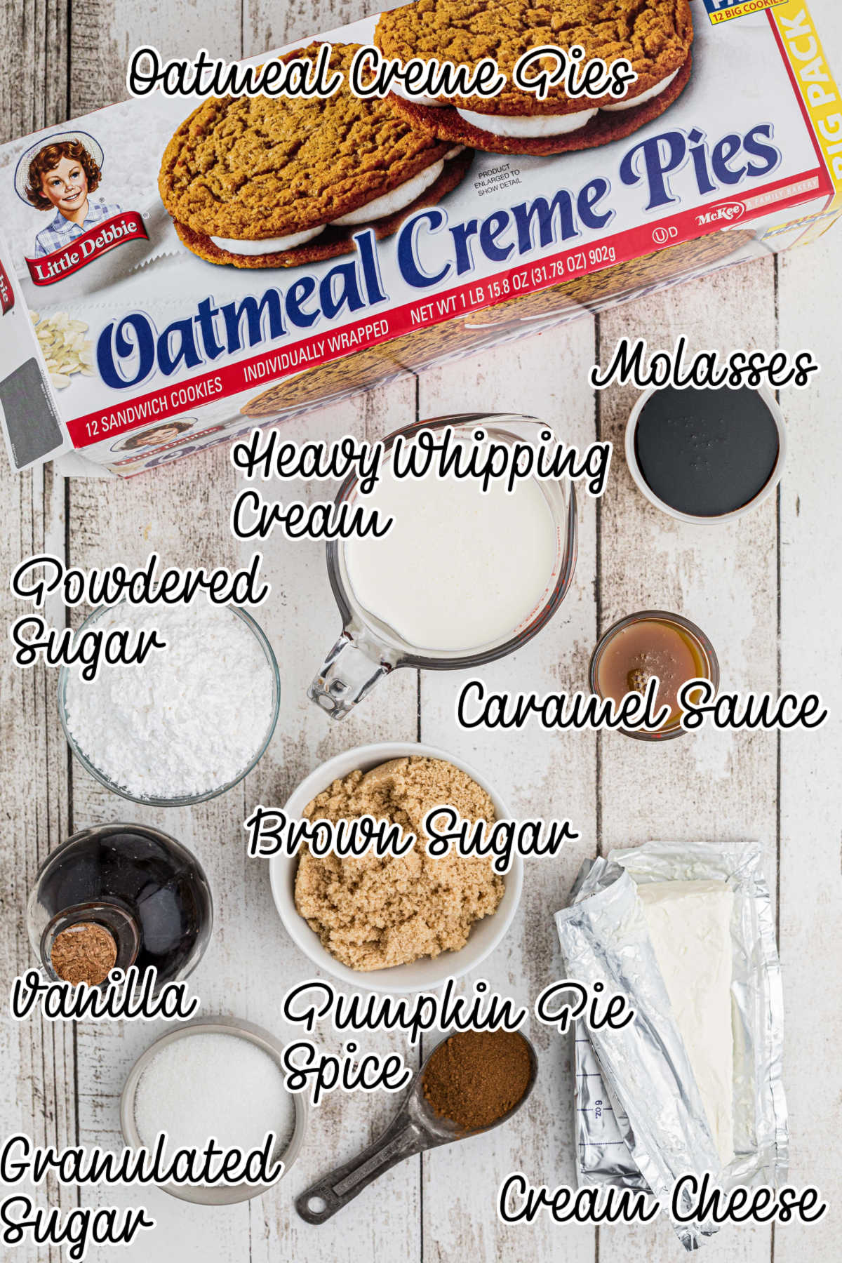 Ingredients needed to make an oatmeal creme pie cheesecake recipe.