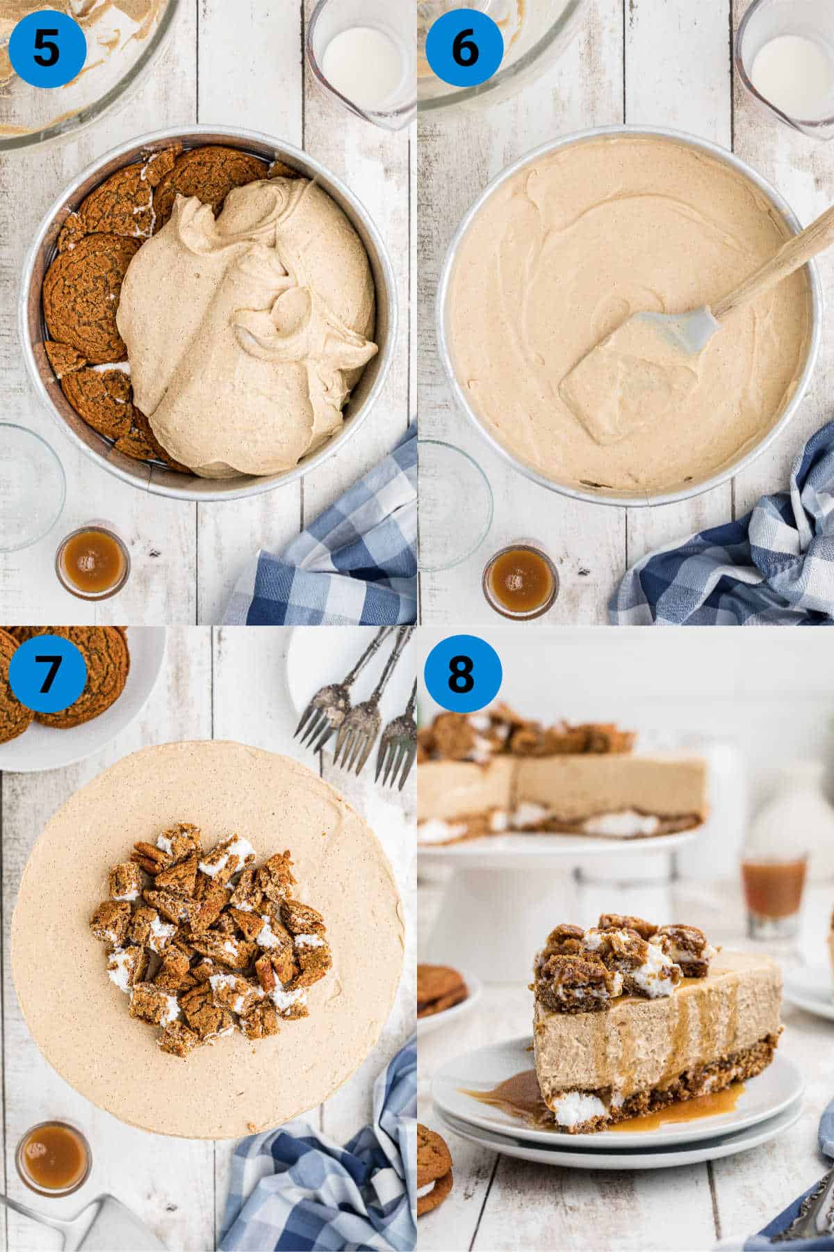 A collage of four images showing how to make an oatmeal creme pie cheesecake recipe, steps 5 through 8.