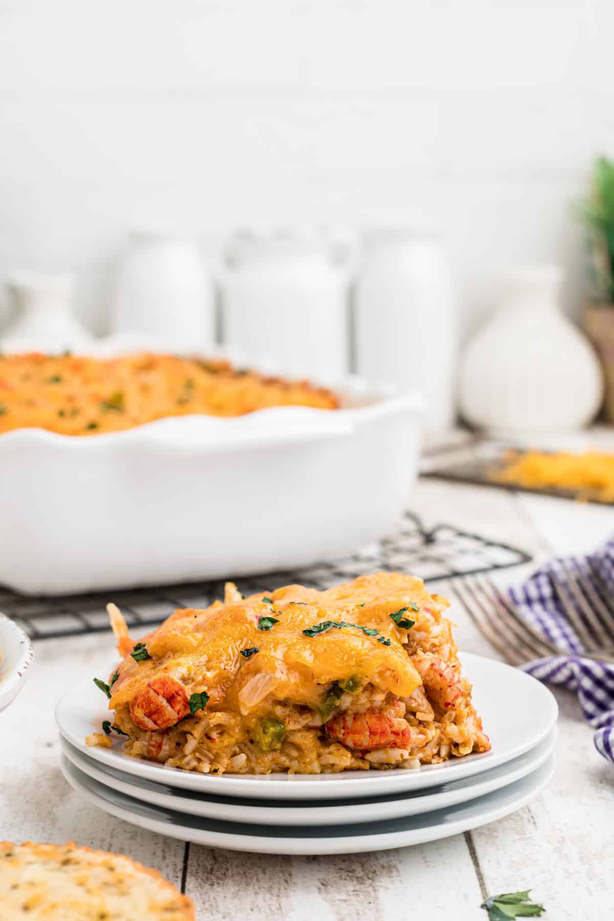 A plate full of crawfish casserole.