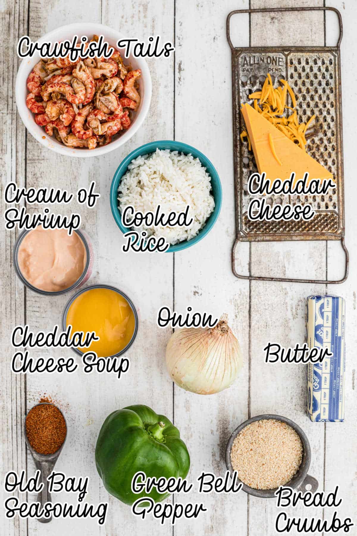 Ingredients needed to make a crawfish casserole recipe with text overlay.