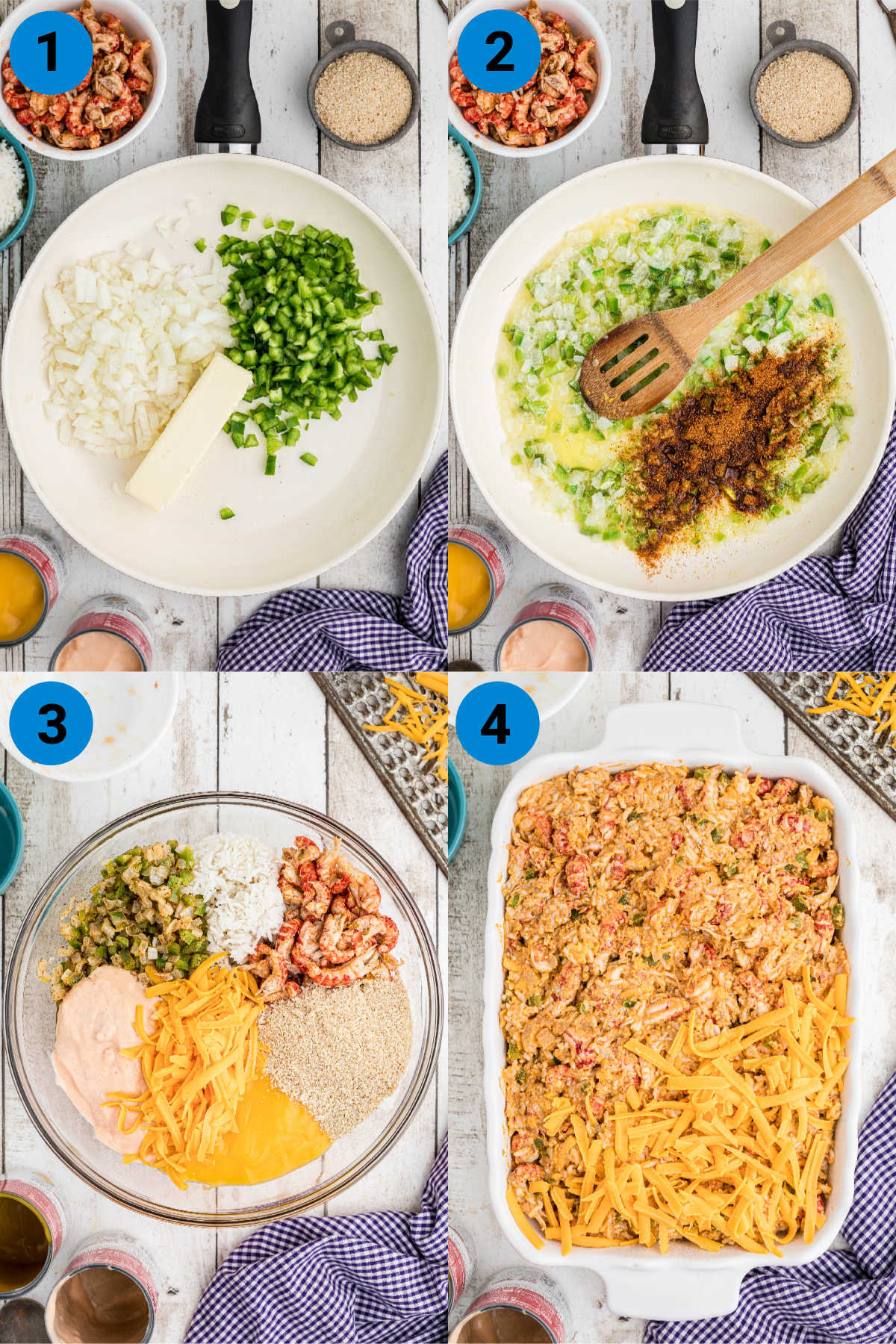A collage of four images showing how to make a crawfish casserole recipe.