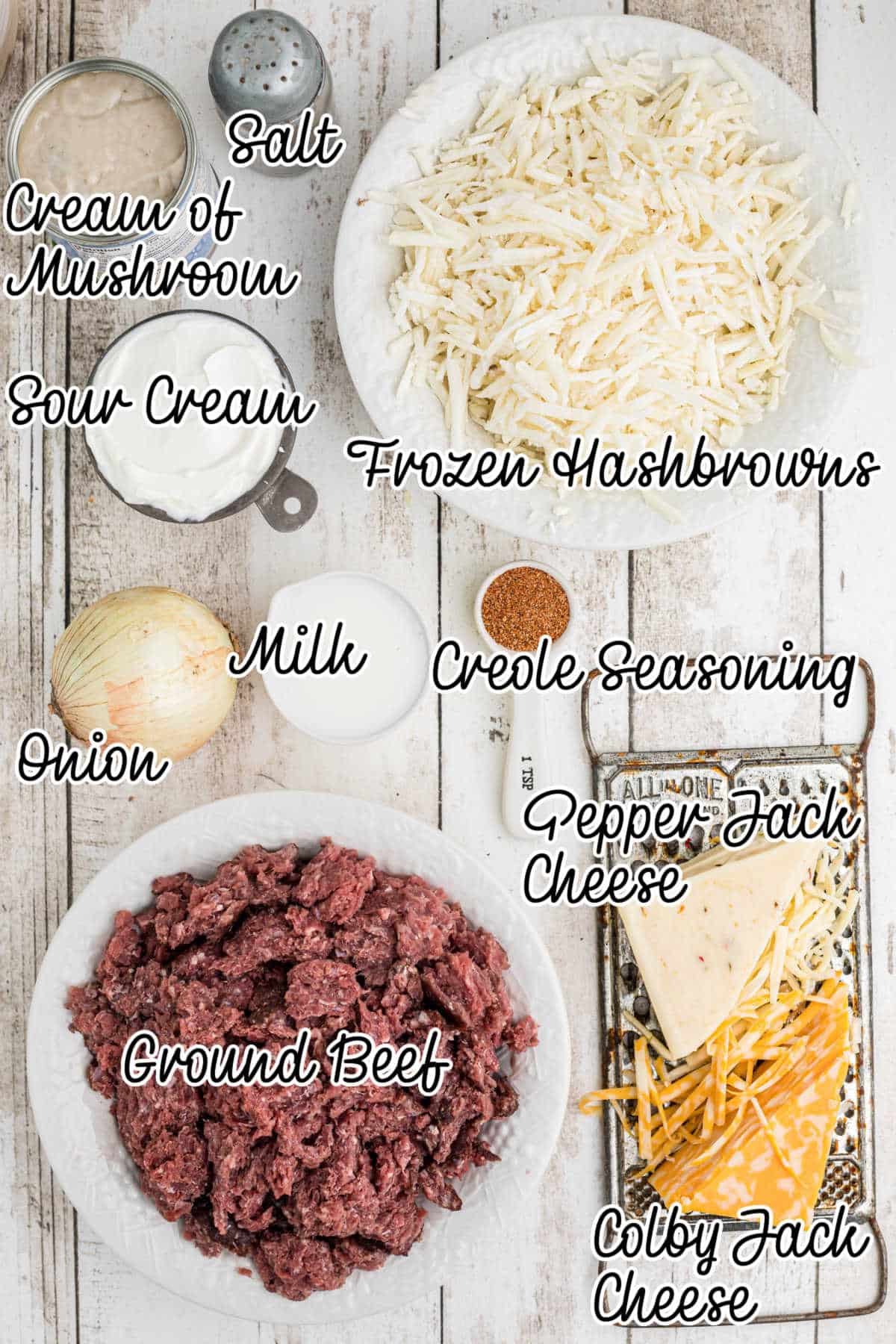 Ingredients needed to make a hamburger hashbrown casserole, with text overlay.