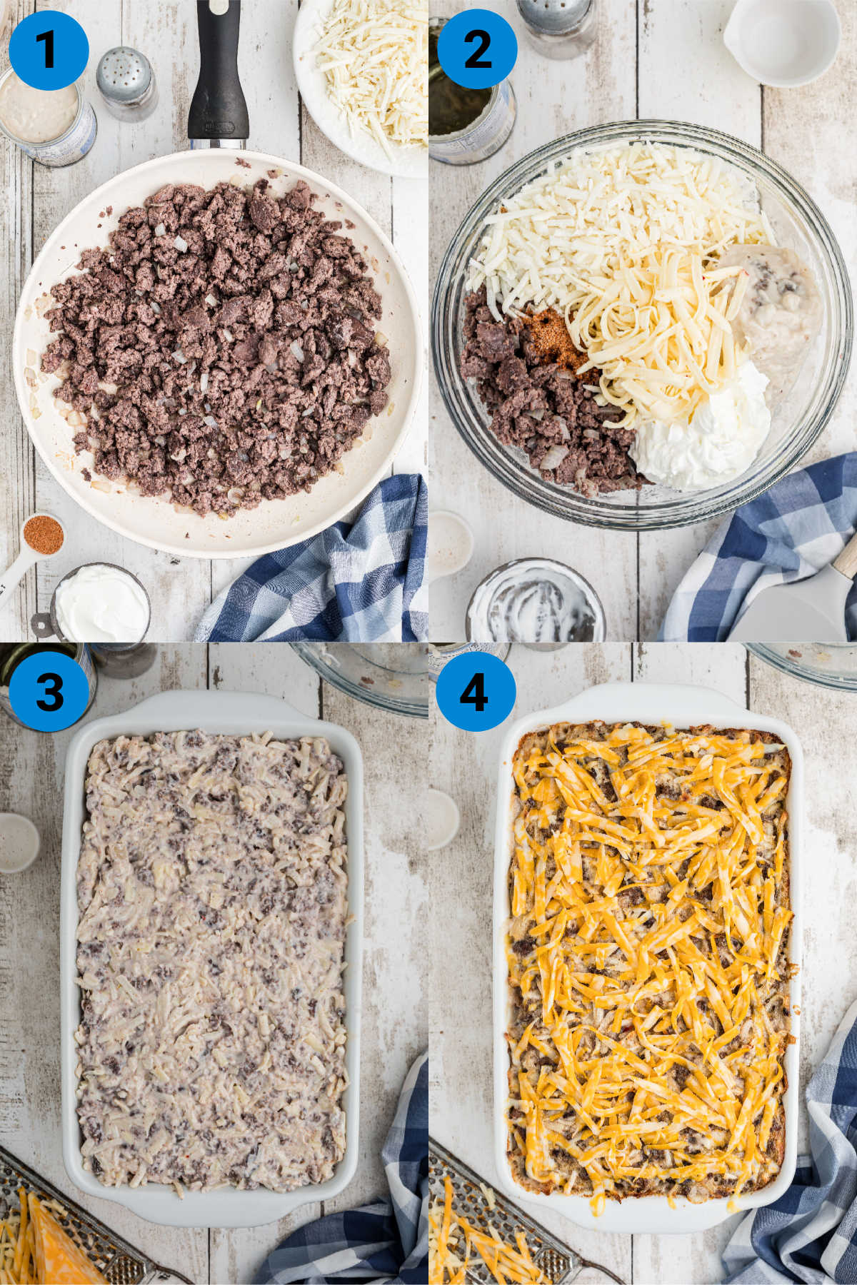A collage of four images showing how to make a hamburger hashbrown casserole recipe.