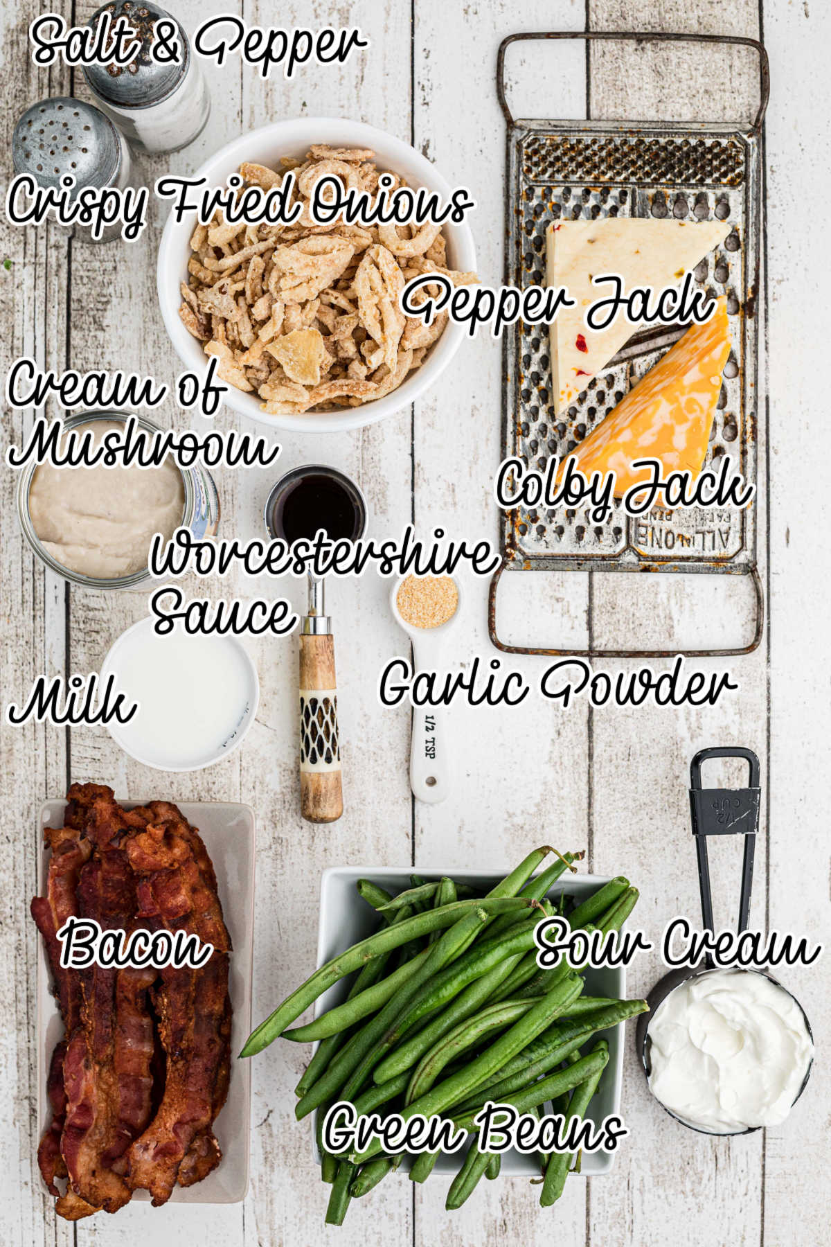 Ingredients needed to make a loaded green bean casserole, with text overlay.