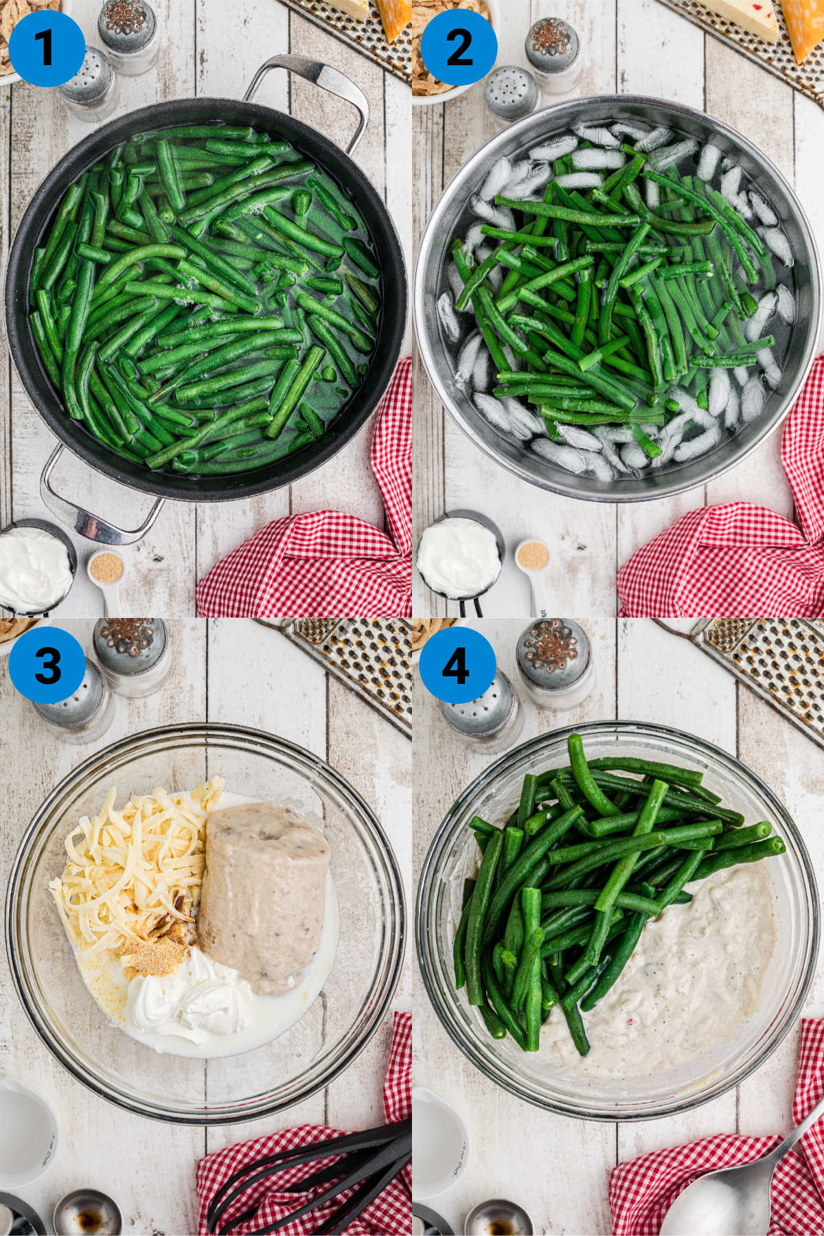 A collage of four images showing how to make a loaded green bean casserole.