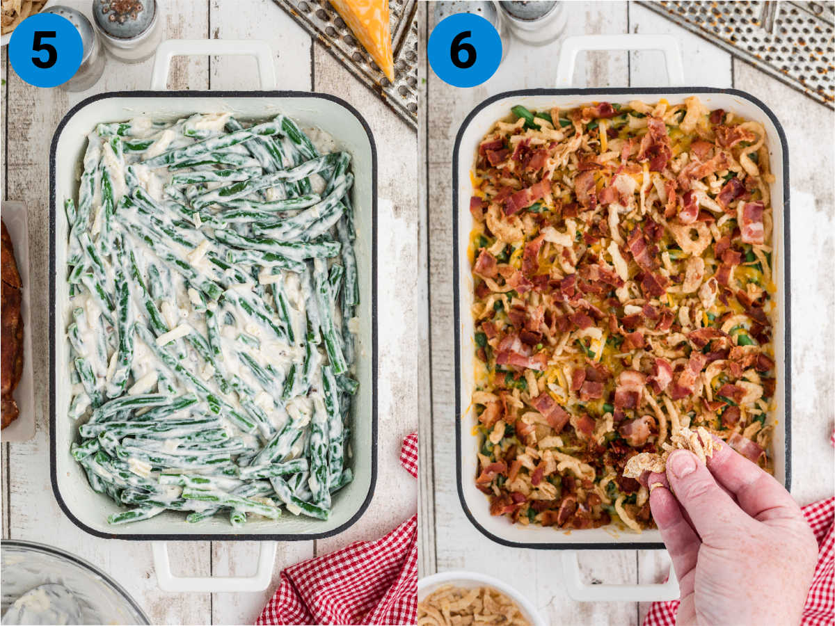 A collage of two images showing how to make a loaded green bean casserole.
