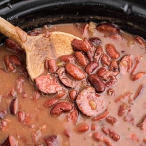Close up of a slow cooker cajun red beans and rice recipe.