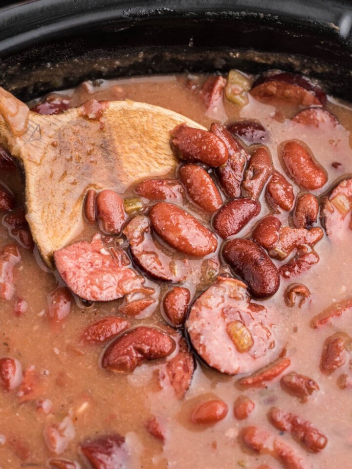 Close up of a slow cooker cajun red beans and rice recipe.
