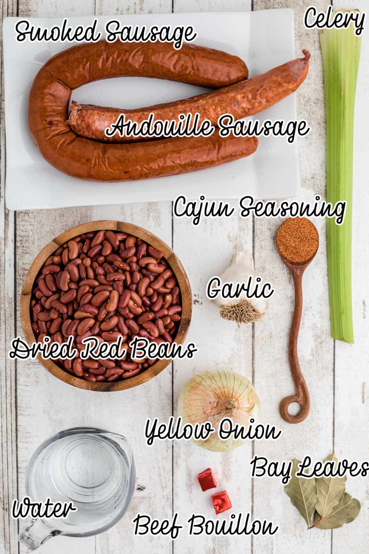 Overhead shot of ingredients needed to make a slow cooker Cajun red beans and rice recipe.