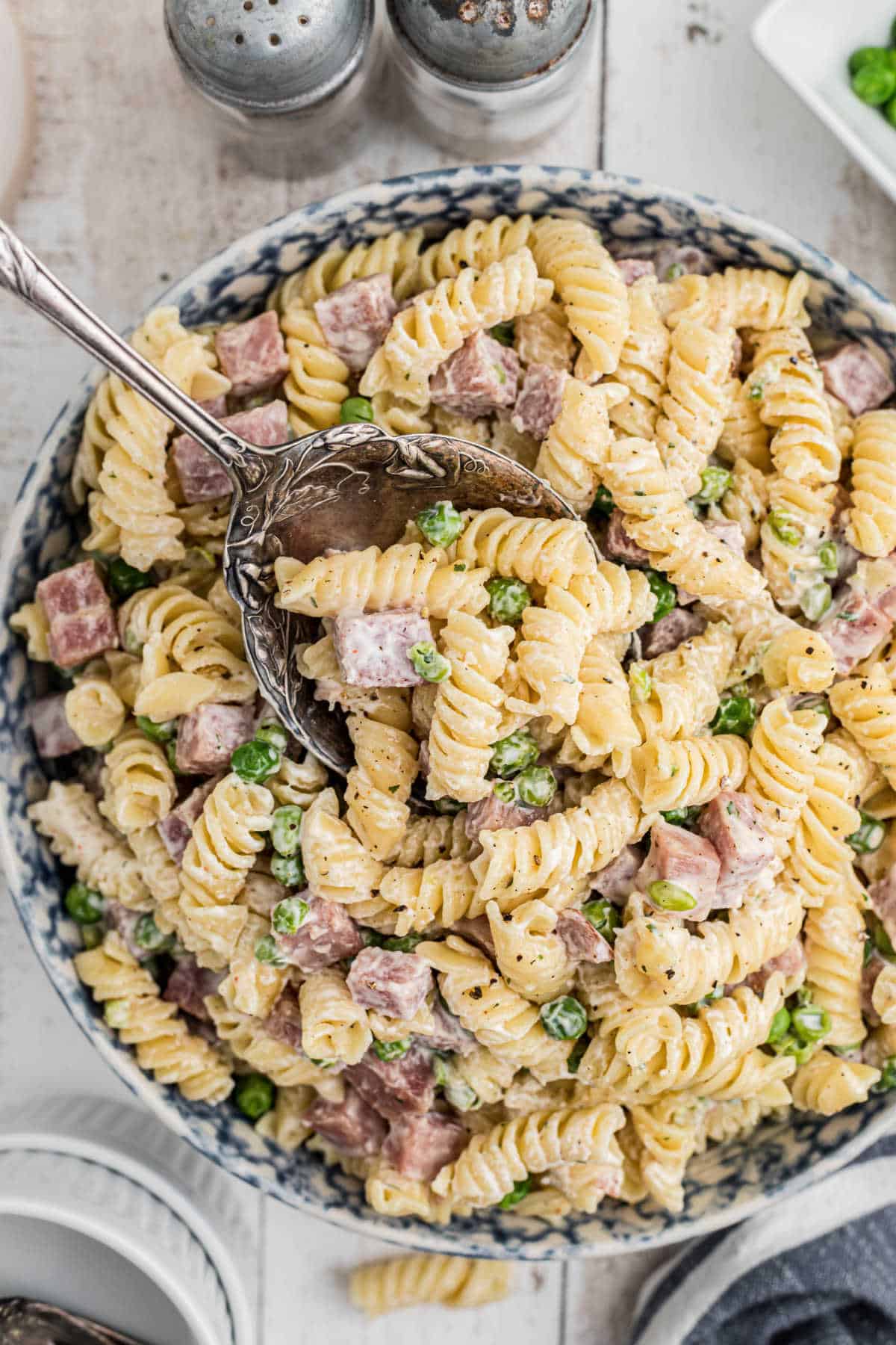 Overhead shot of a bowl of Ruby Tuesday Ham and Pea pasta salad recipe.