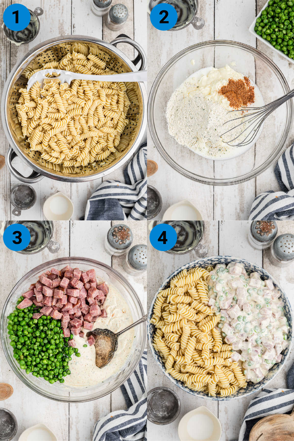 A collage of four images showing how to make a Ruby Tuesday ham and pea pasta salad recipe.