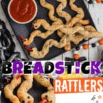 Breadstick Rattlers on a plate, with text overlay for pinterest.