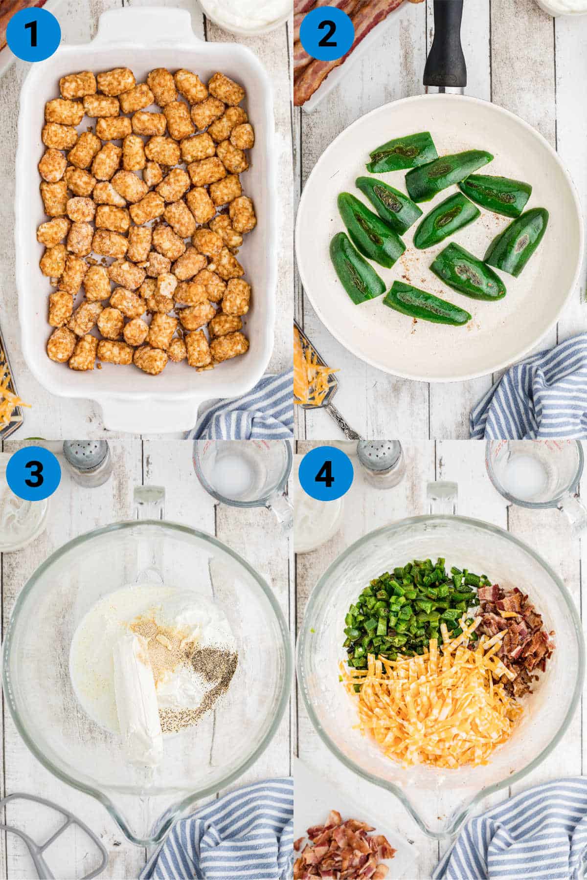 A collage of four images showing how to make Jalapeno Popper Tater Tot Casserole.