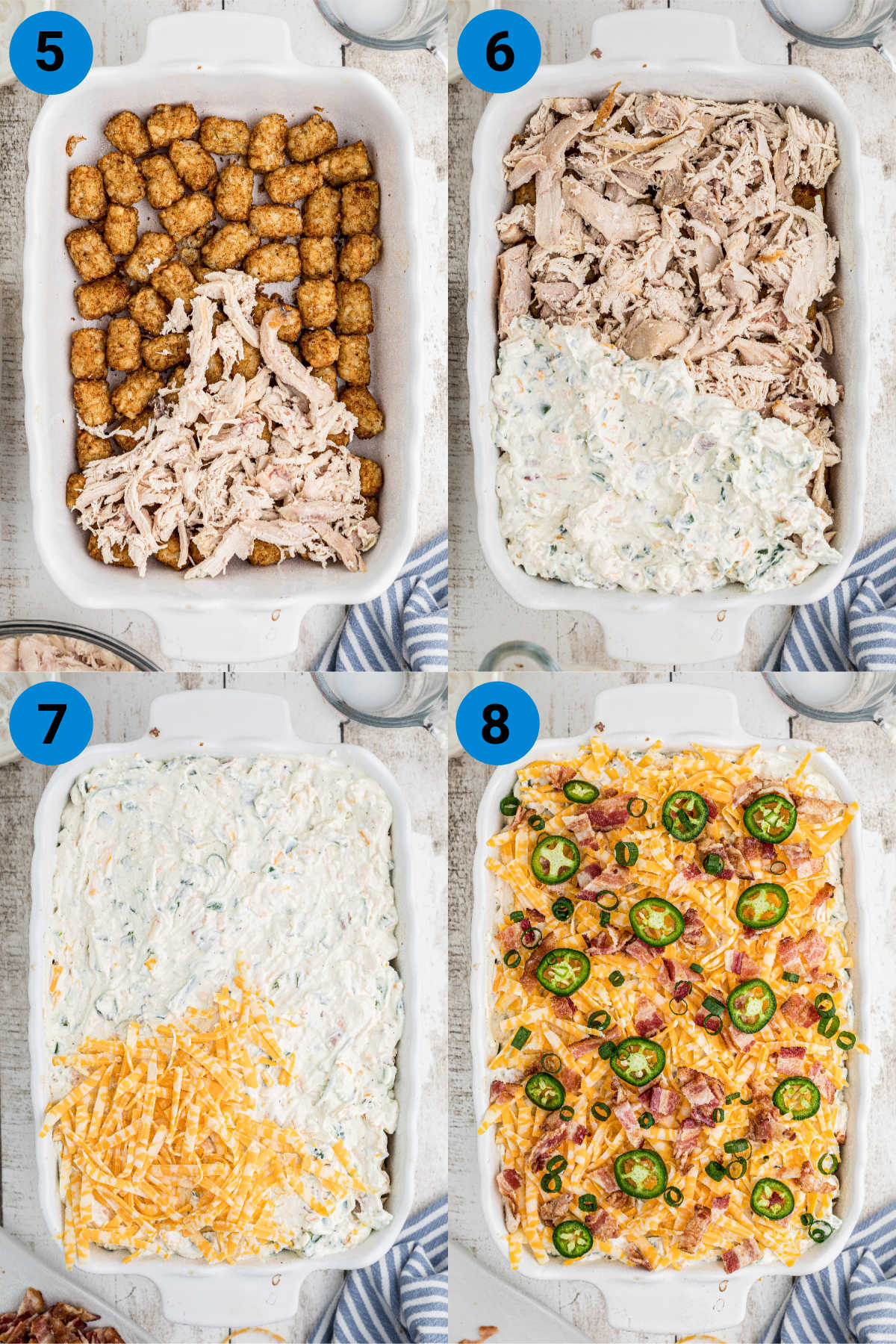 Jalapeno Popper Tater Tot Casserole collage, showing how to make the dish.