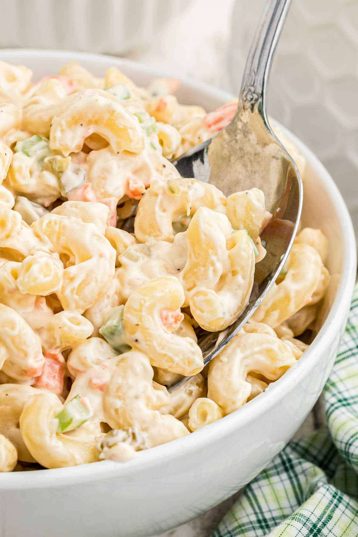 Close up of a bowl of copycat KFC Macaroni Salad.