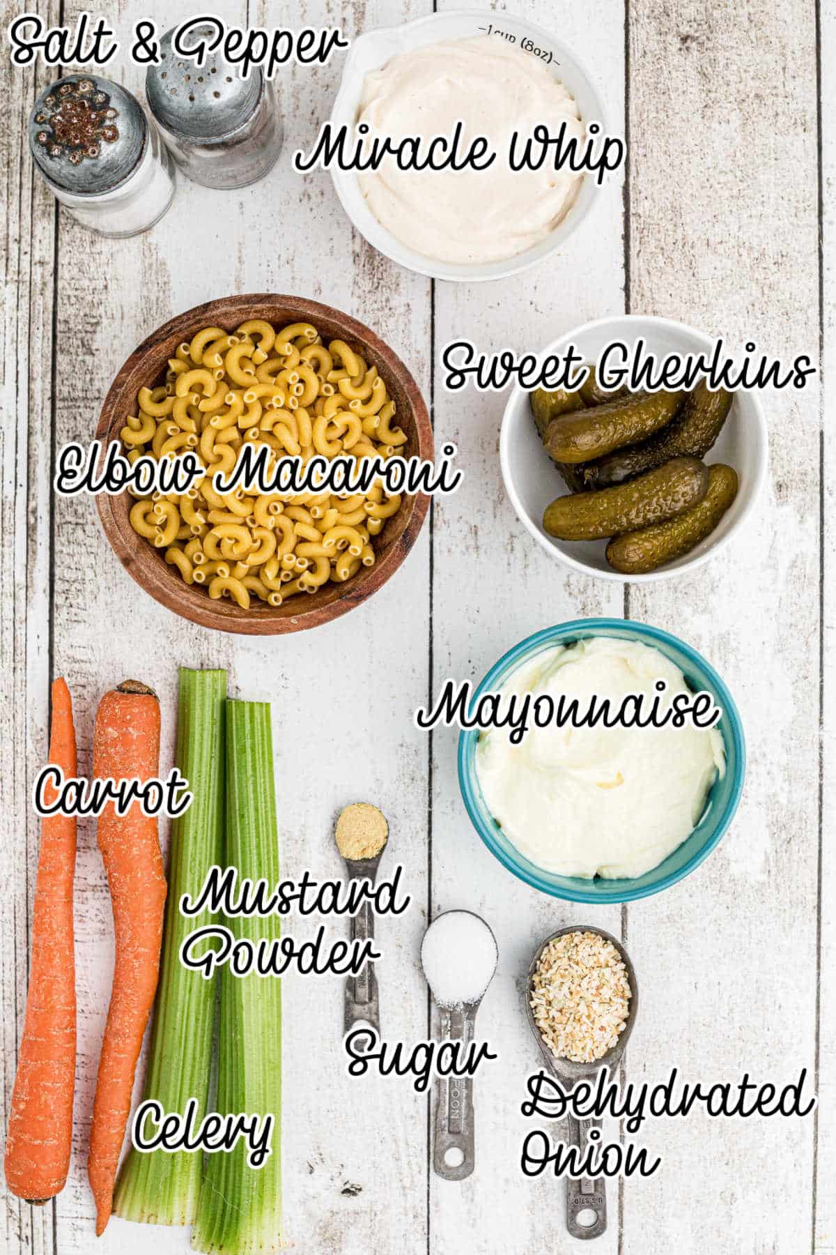 Ingredients needed to make a KFC Macaroni Salad recipe with text overlay.