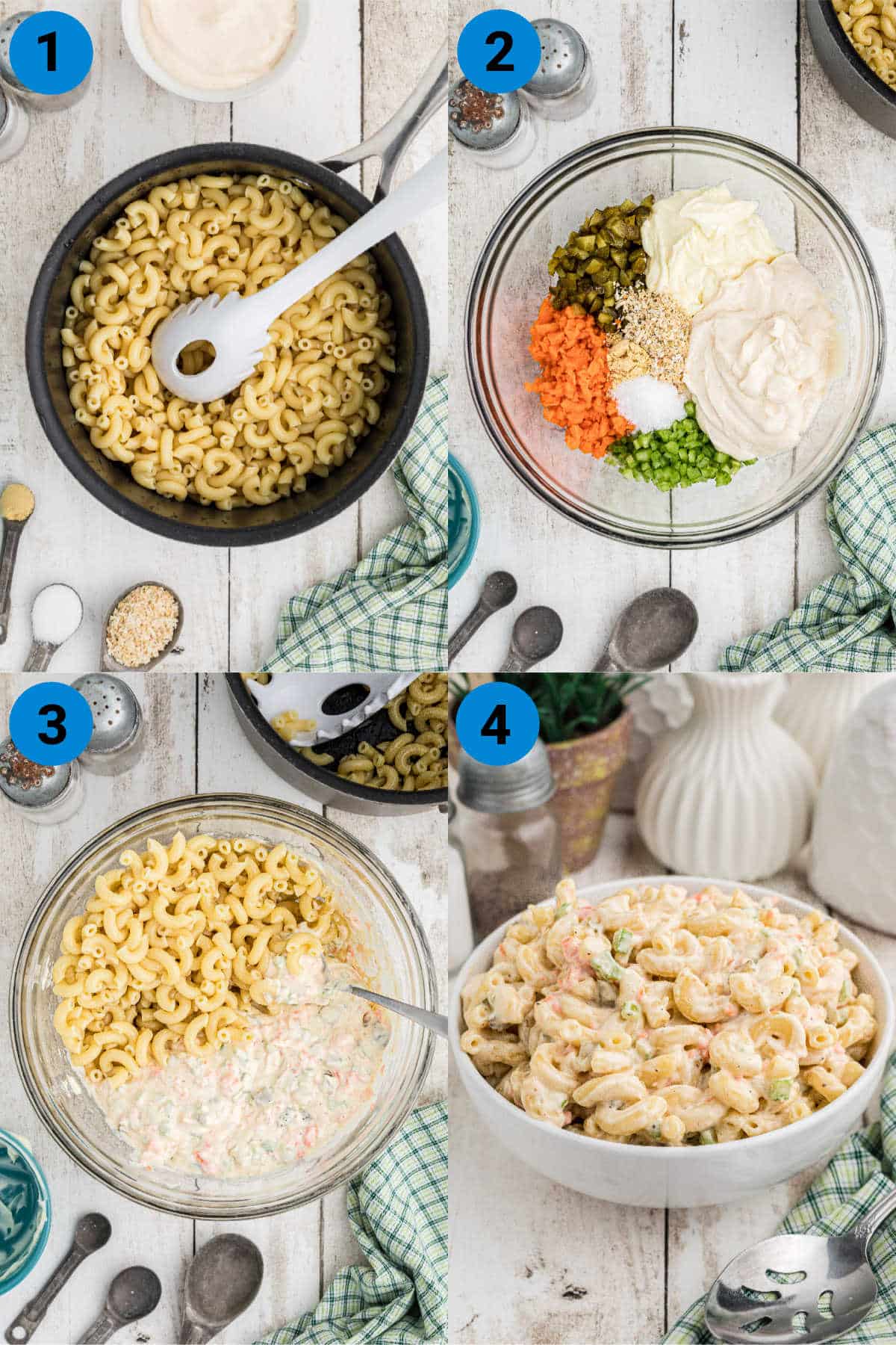 A collage of four images showing how to make a copycat KFC Macaroni Salad recipe.