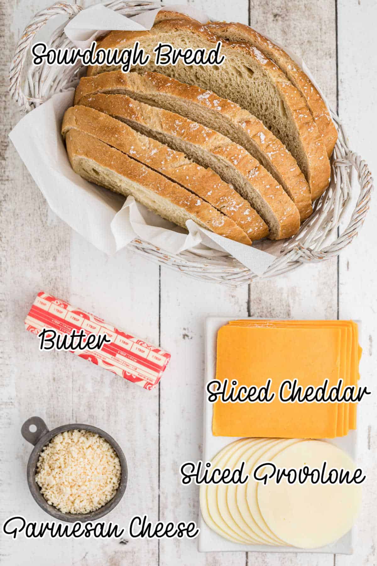 Ingredients needed to make a Starbucks grilled cheese recipe, with text overlay.