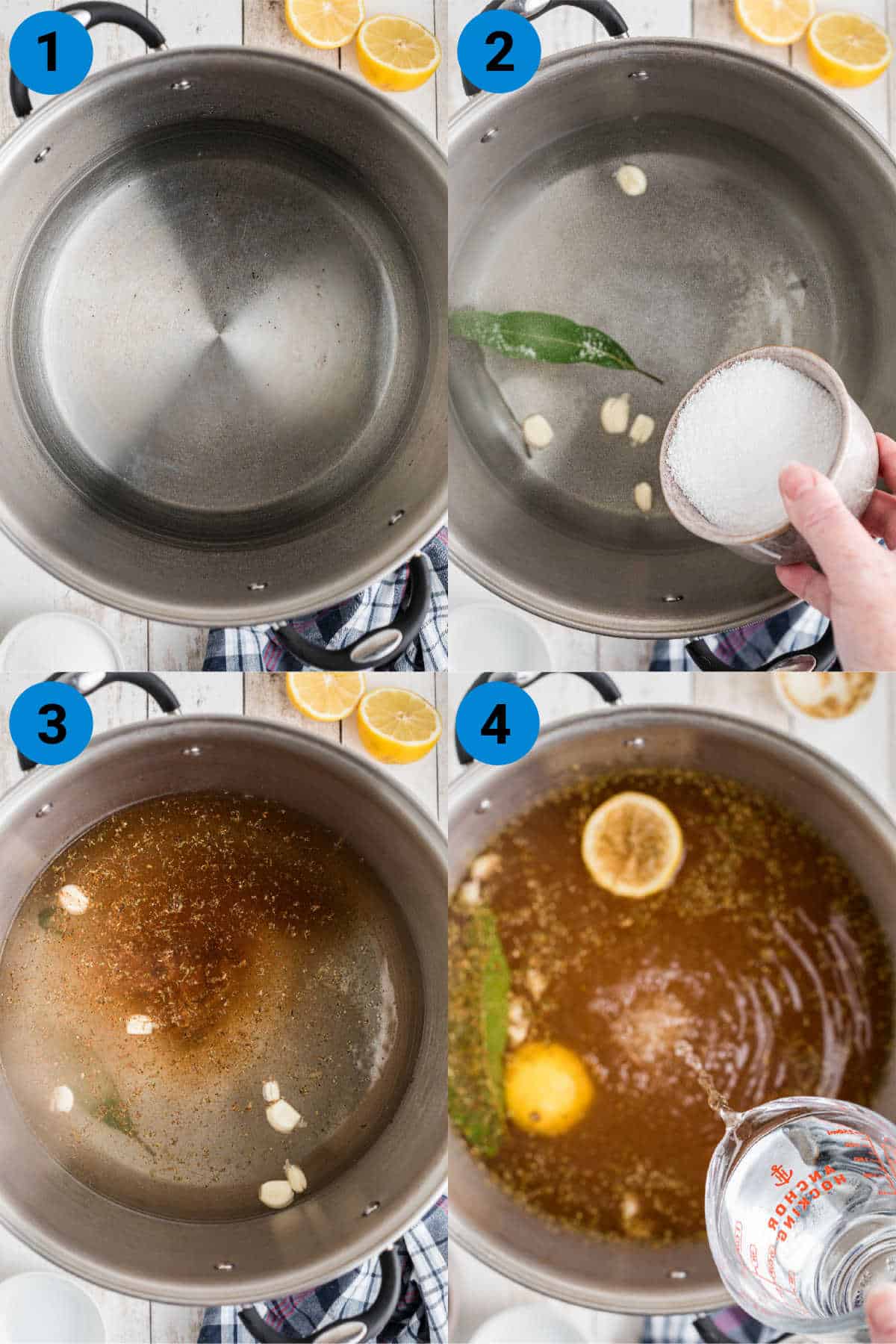 A collage of four images showing how to make a Cajun Turkey Brine.