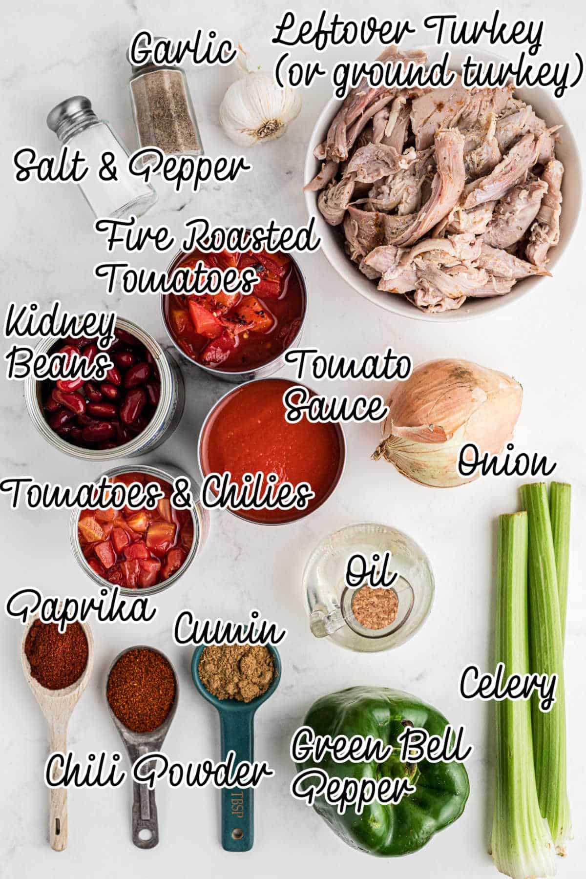Ingredients needed to make a Dutch Oven turkey chili with text overlay.