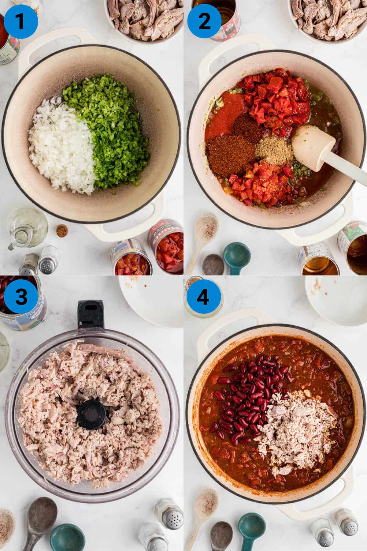 A collage of four images showing how to make a Dutch Oven Turkey Chili, using leftover turkey.