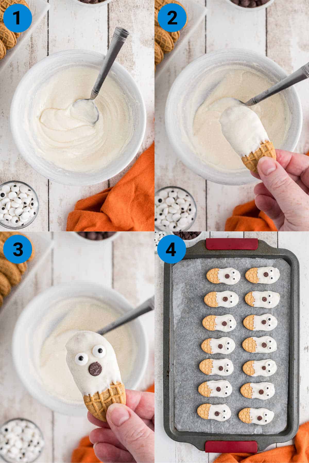 A collage of four images showing how to make Nutter Butter Ghosts for Halloween.