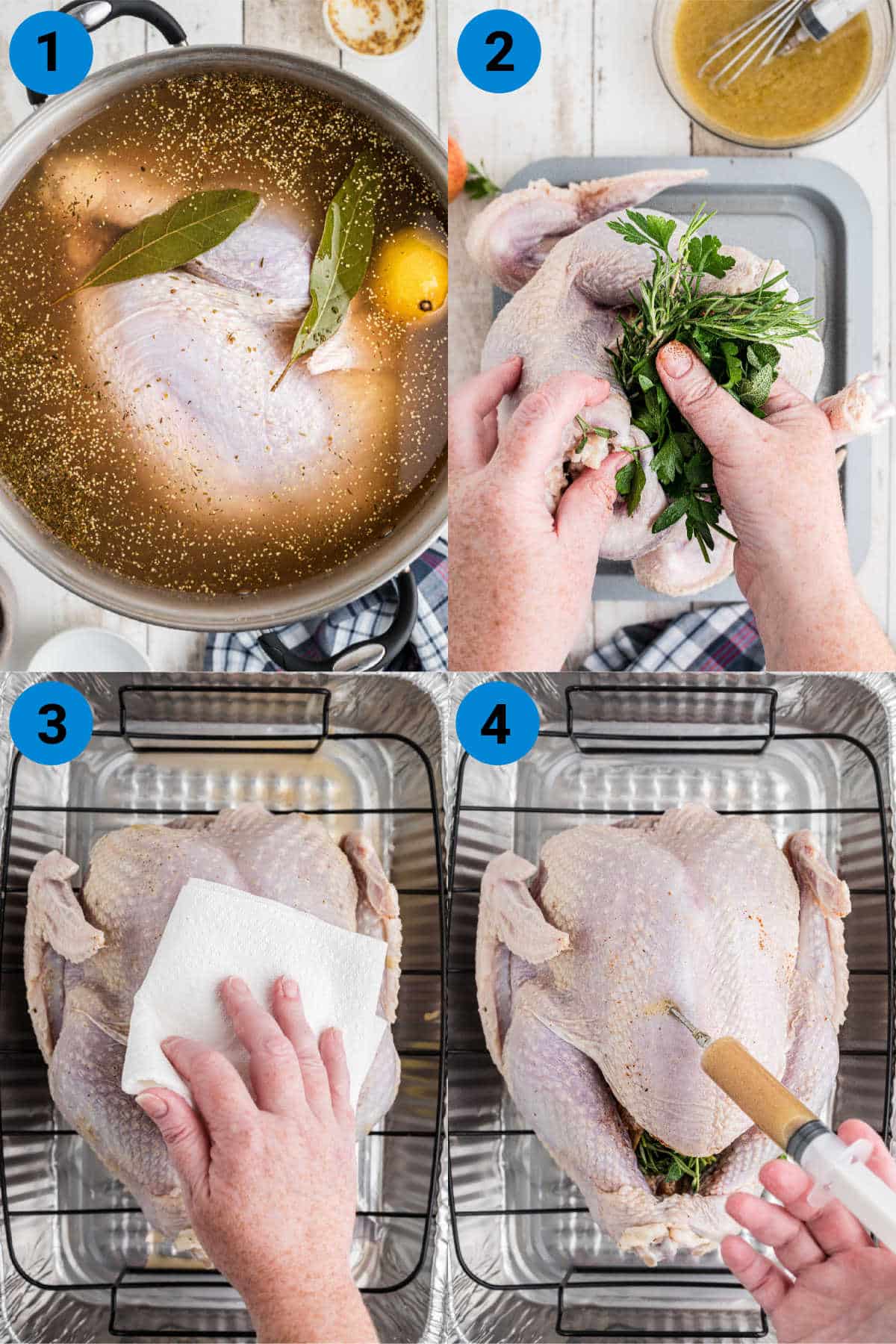 A collage of four images showing how to make a pellet grill smoked turkey, steps 1-4.