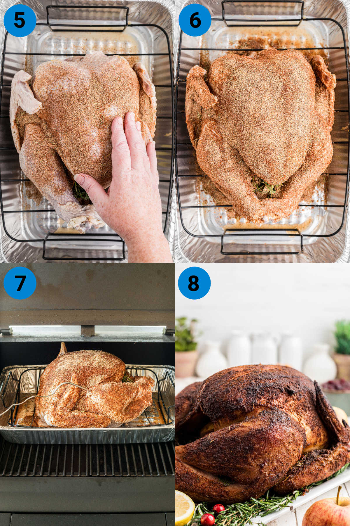 A collage of four images showing how to make a pellet grill smoked turkey - steps 5-8.