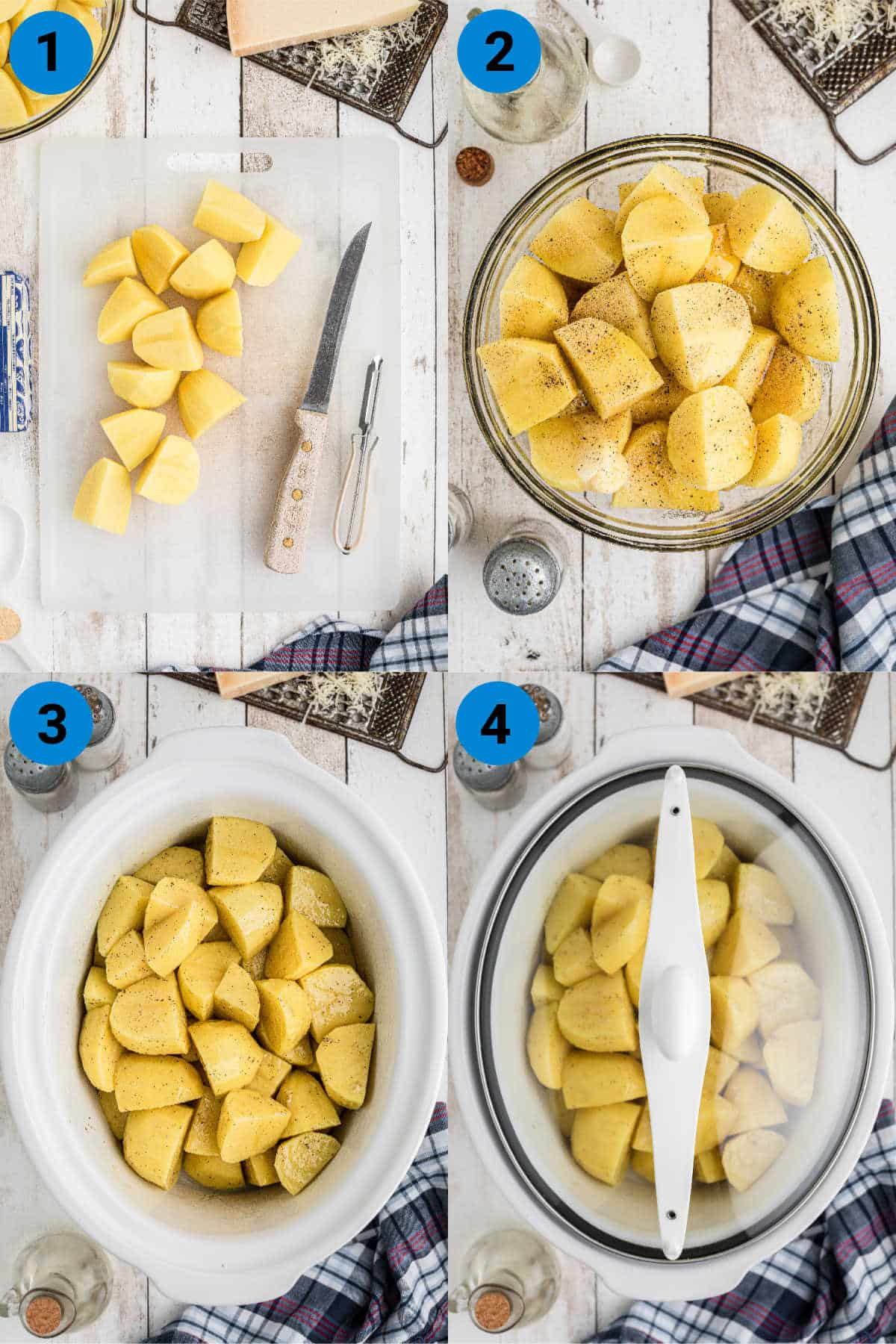 A collage of four images showing how to make slow cooker roast potatoes.
