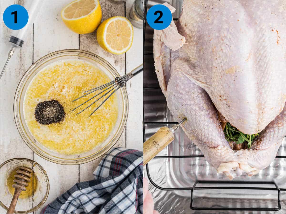 Collage of two images showing how to make a smoked turkey injection recipe.