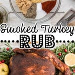 A collage of two images showing a smoked turkey rub recipe, with text overlay for pinterest.