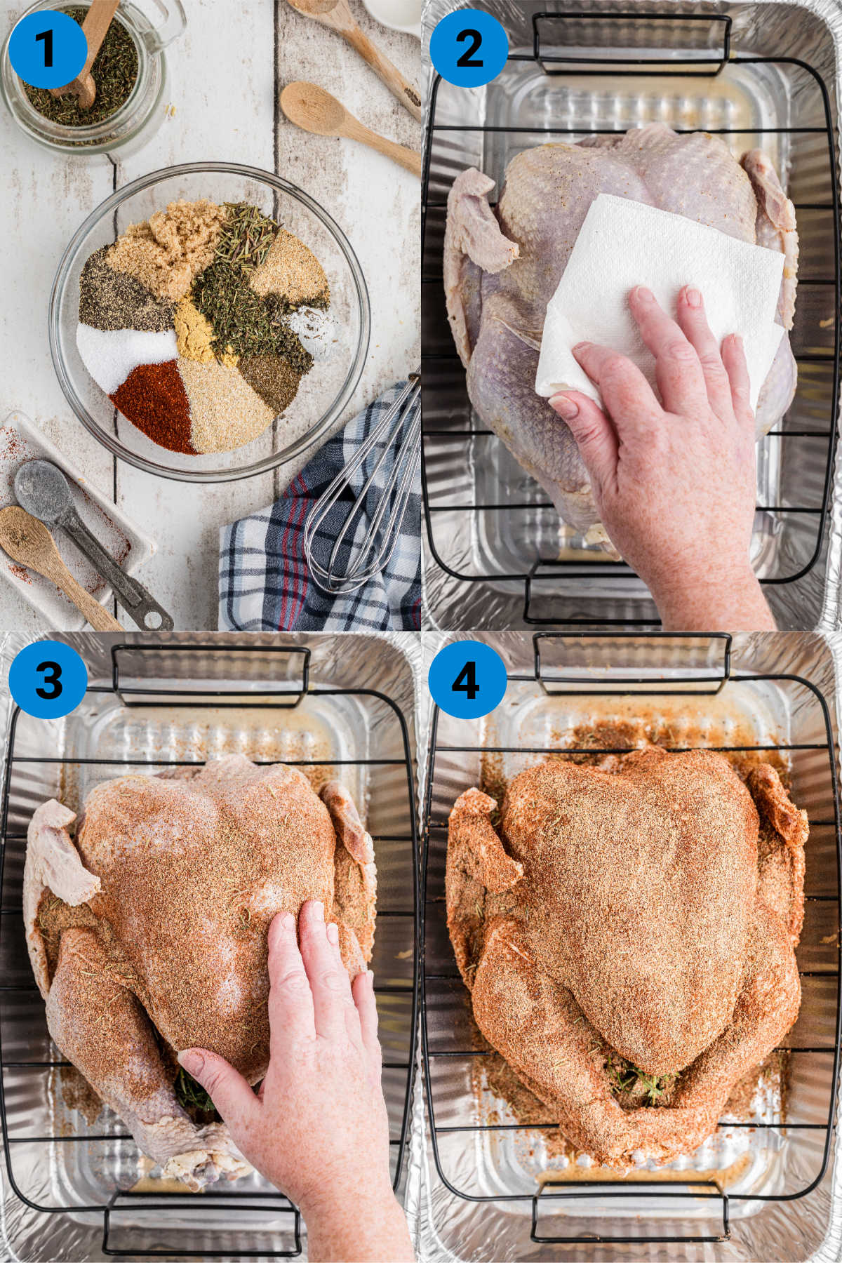 A collage of four images showing recipe steps needed to make a smoked turkey rub recipe.