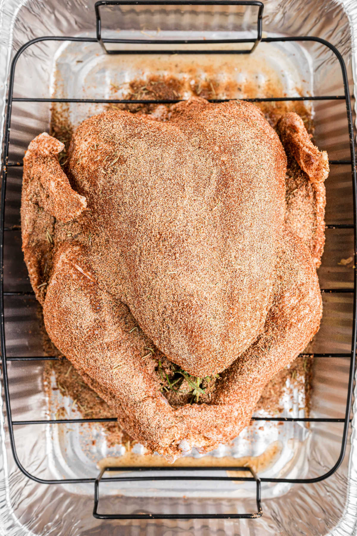 A deliciously seasoned turkey, rubbed with a smoked turkey rub.