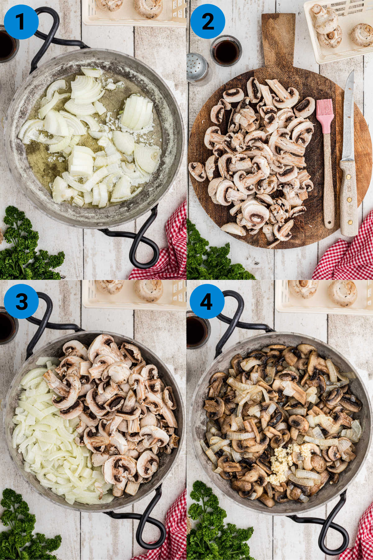 A collage of four images showing how to make Texas Roadhouse Sauteed Mushrooms recipe.
