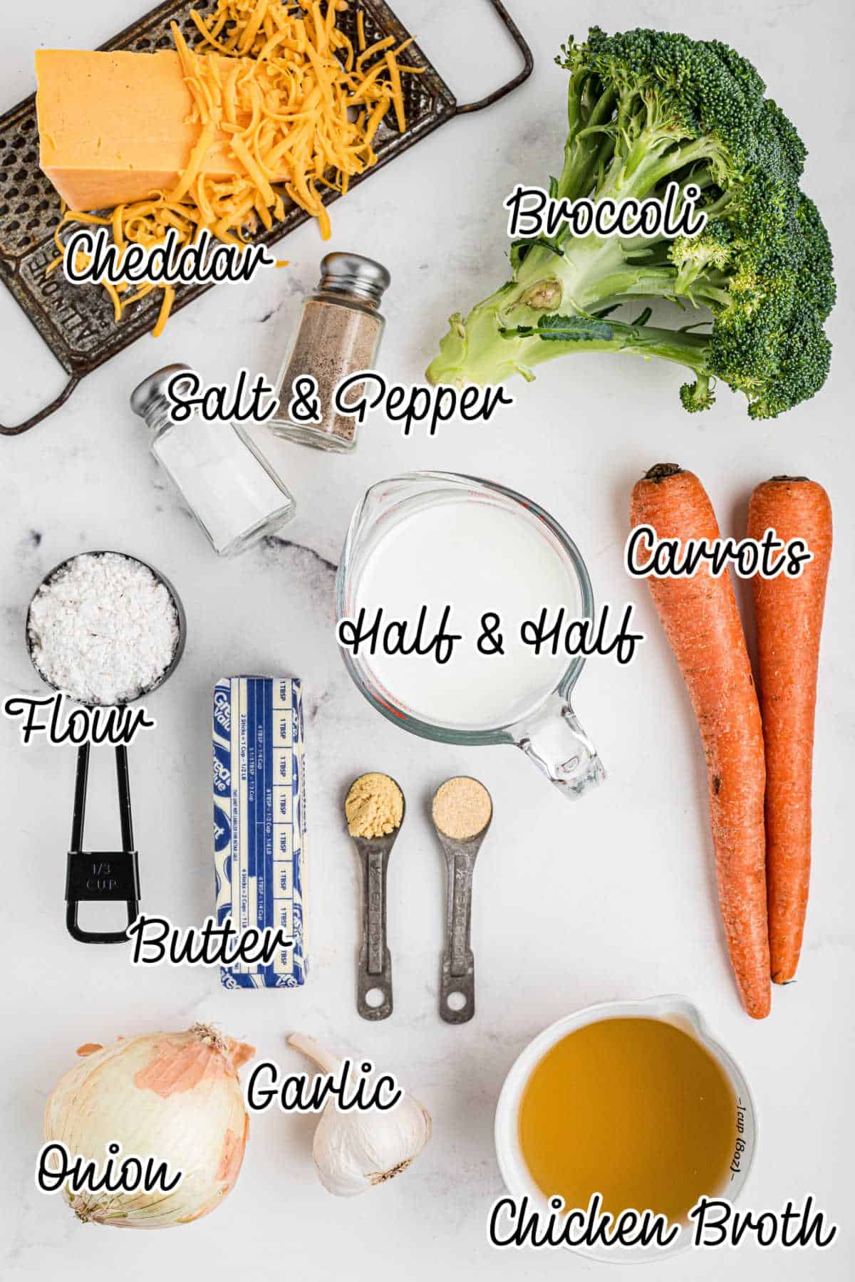 Ingredients needed to make a broccoli cheddar soup, with text overlay.