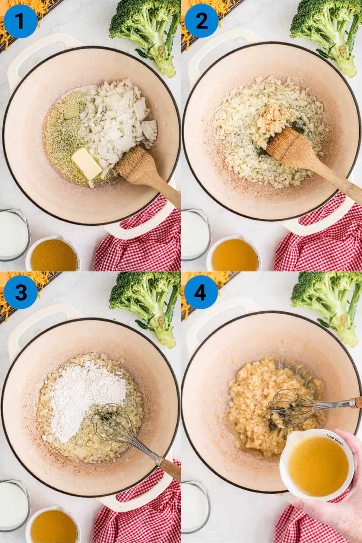 A collage of four images showing how to make a broccoli cheddar soup.