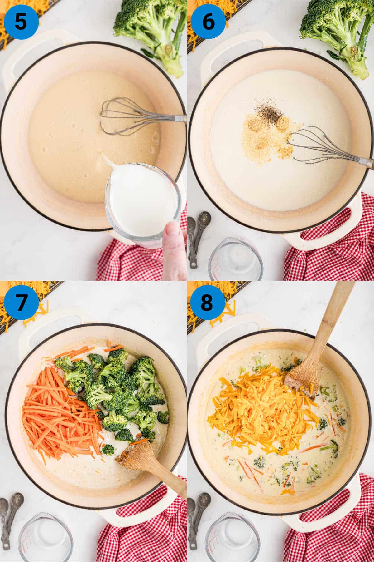 A collage of four images showing how to make a 30 minute broccoli cheddar soup.