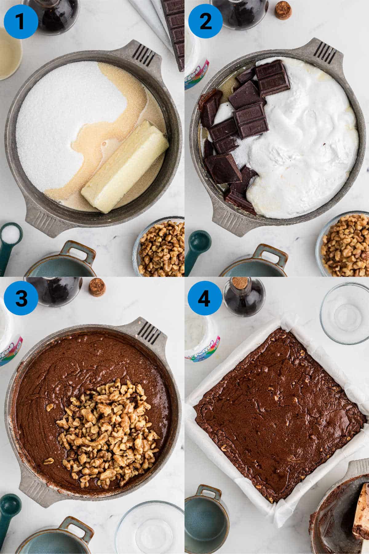 A collage of four images showing how to make an Amish Fudge Recipe.