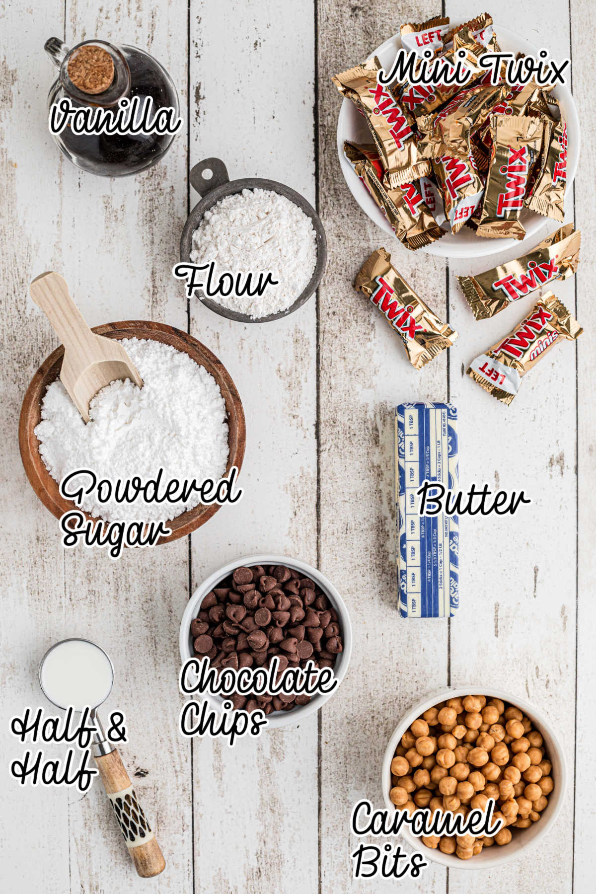 Ingredients needed to make Crumbl Twix Cookies, with text overlay.