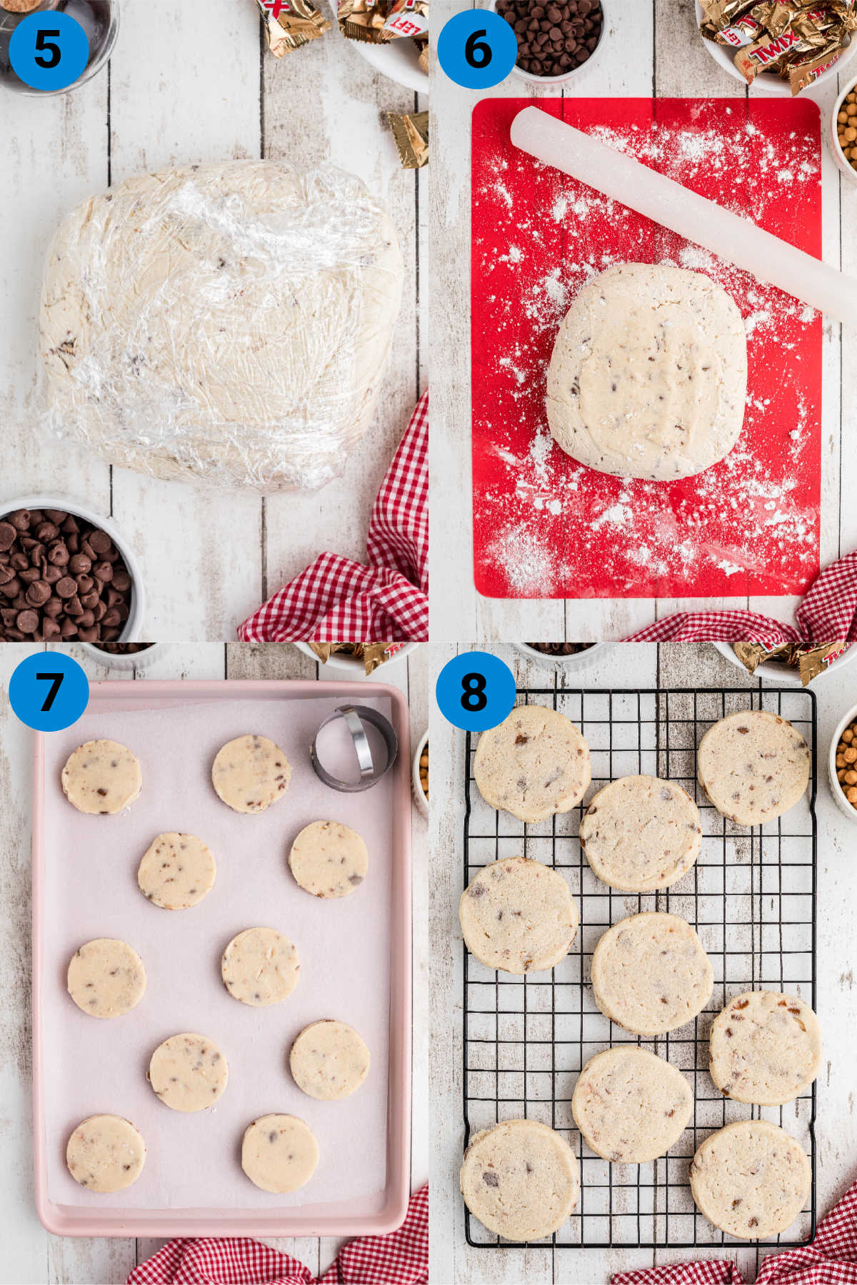 A collage of four images showing how to make Copycat Crumbl Twix Cookies, steps 5-8.