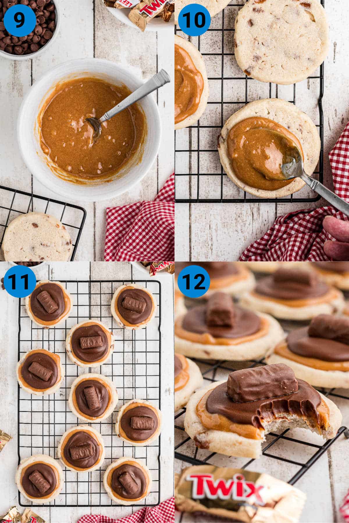 A collage of four images showing how to make Copycat Crumbl Twix Cookies, steps 9-12.