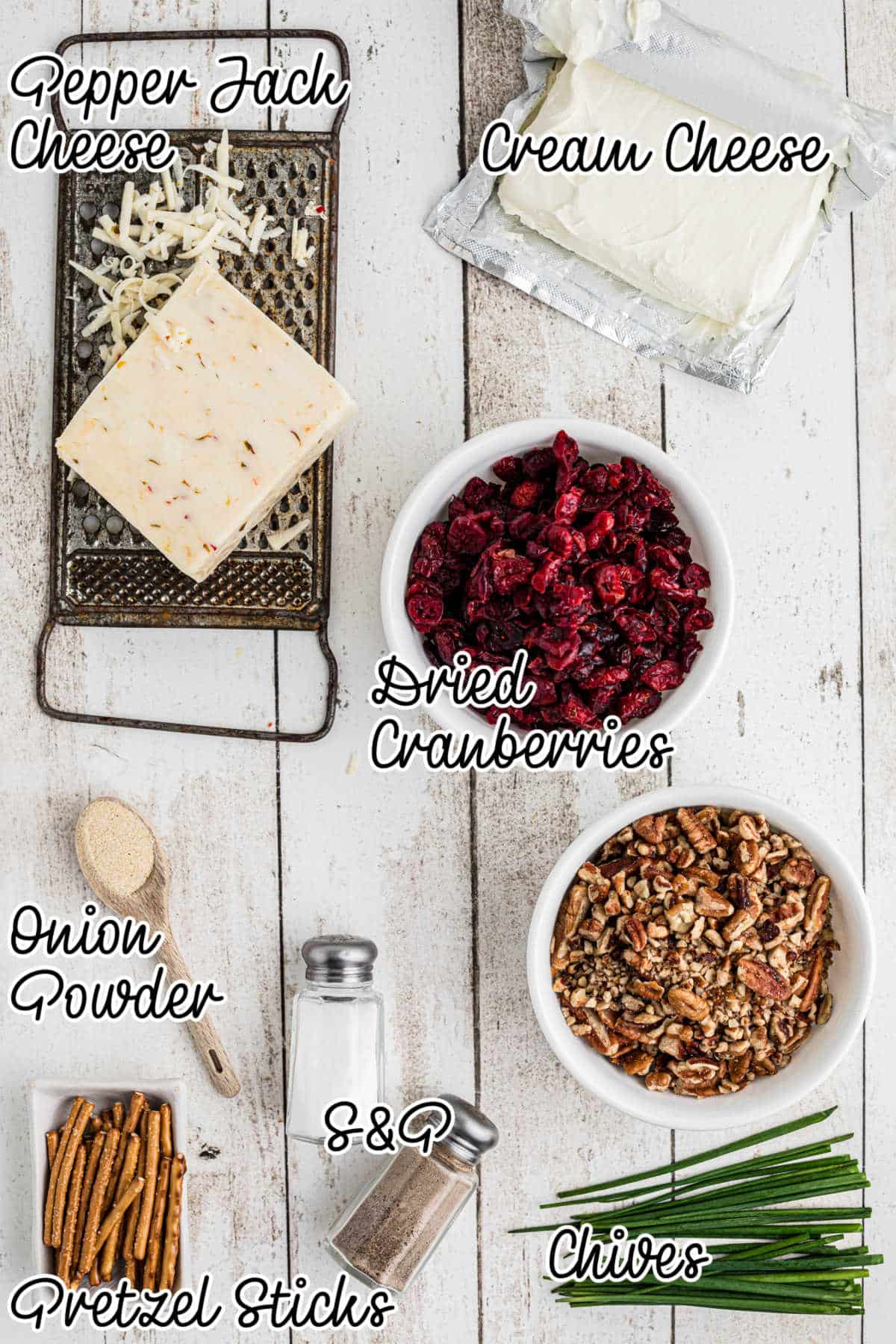Ingredients needed to make cranberry pecan cheese ball bites.