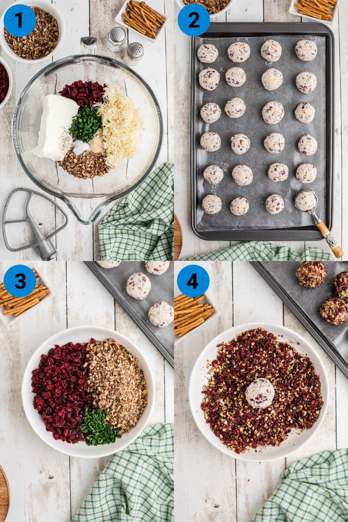 Recipe steps showing how to make cranberry pecan cheese ball bites.