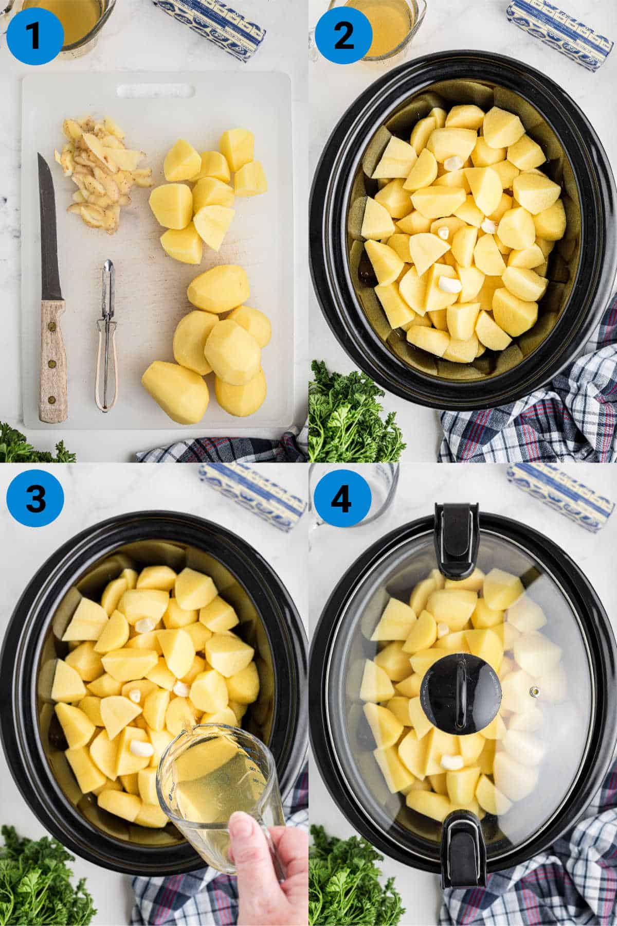 A collage of four images showing how to make slow cooker mashed potatoes with chicken broth.