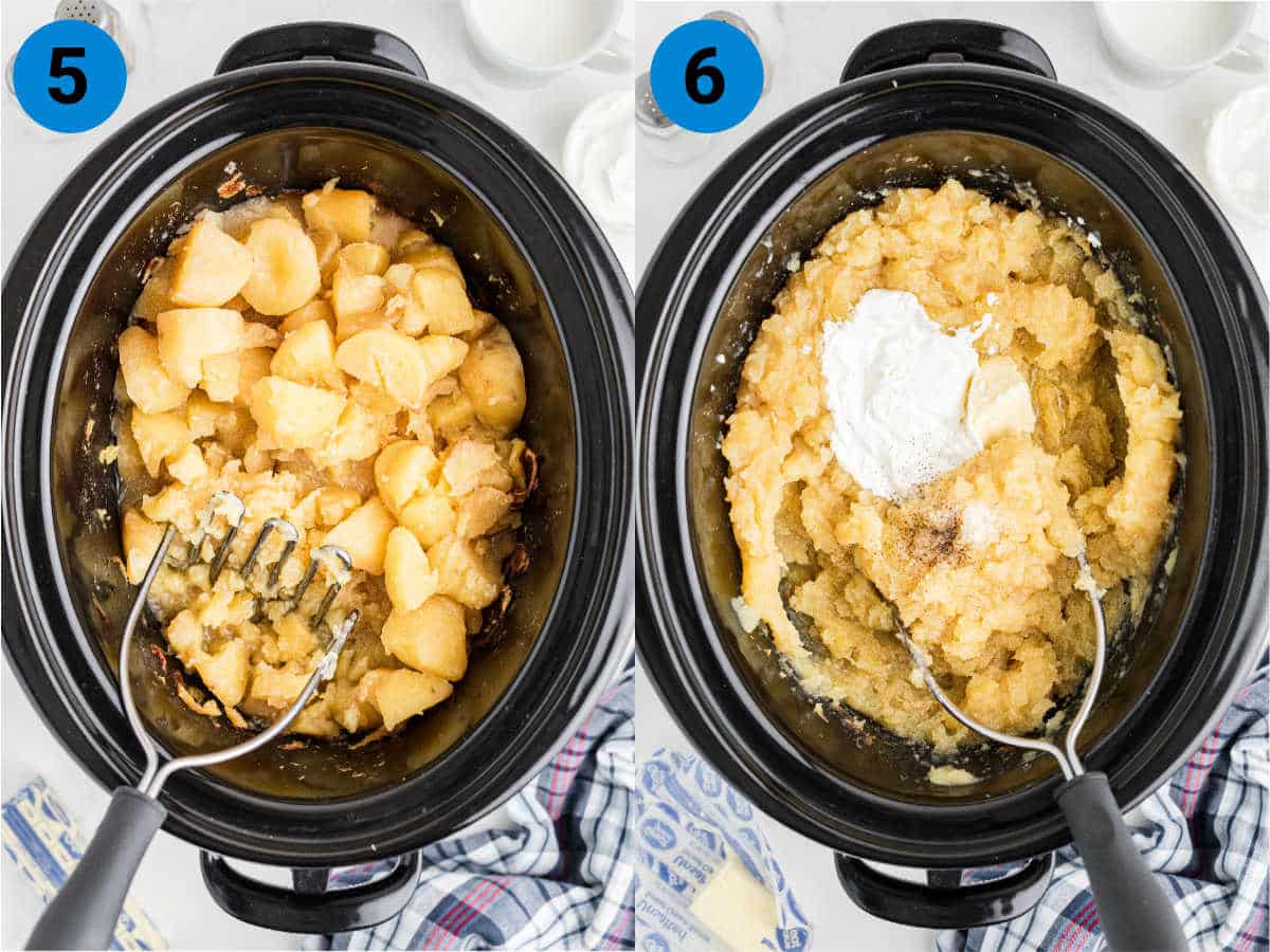 Collage of two images showing how to make crock pot mashed potatoes.