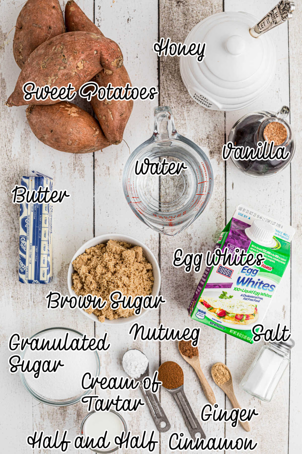 Ingredients needed to make a sweet potato fluff with text overlay.