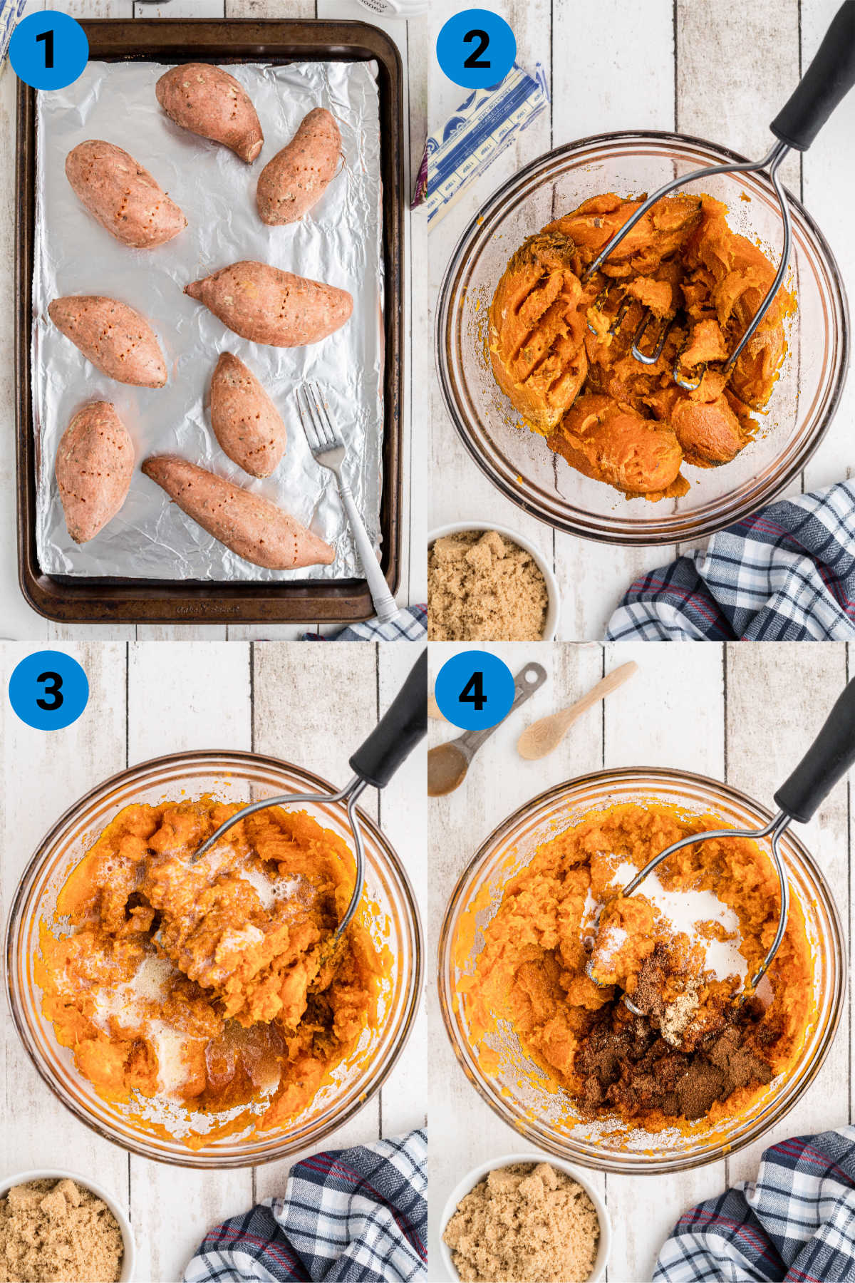 Collage of four images showing how to make sweet potato fluff, recipe steps 1-4.
